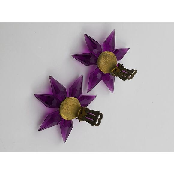 Vintage Purple Starburst Clip Earrings Faceted Plastic Mid Century Mod - Picture 4 of 4